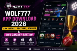 Wolf777 App Download 2026 banner showing APK install guide, live cricket betting, bonuses, and mobile betting features for Indian users