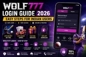 Wolf777 Login Guide 2026 banner with mobile login screen, cricket betting, live casino games, APK download, and secure gaming features for Indian users
